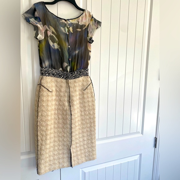 Blue Water Color Floral Silk & Lux Cream French Tweed Mixed Media Dress - Picture 2 of 8
